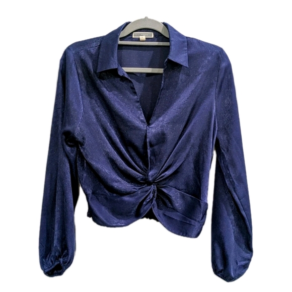 Pleione Tops - Pleione Cropped Blouse L Regal Romantic Knotted Blue Smocked Blouson Sleeve Dot